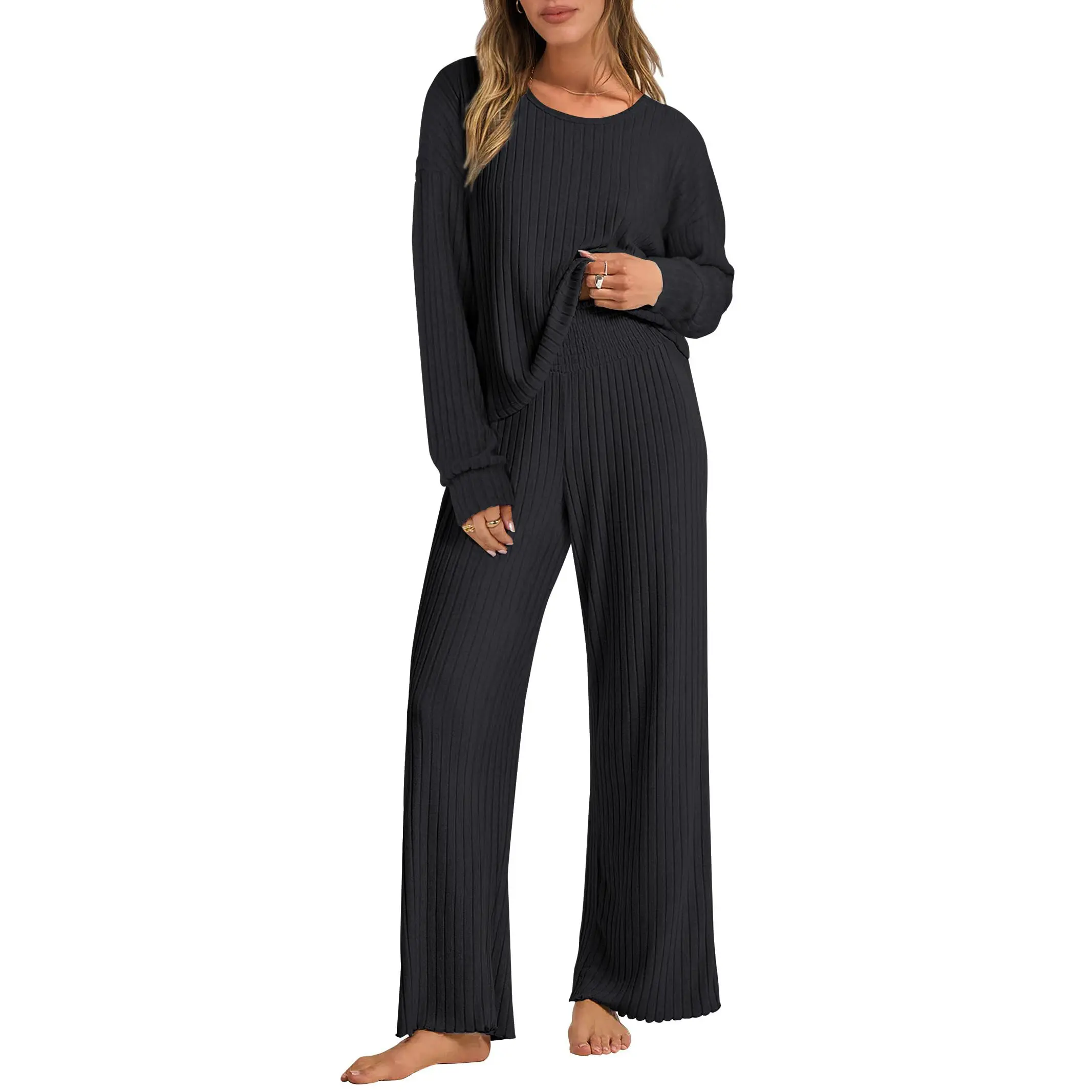 ANRABESS Women 2 Piece Lounge Pajamas Sets Casual Ribbed Knit Long Sleeve Top Pants Matching Set Fall Outfits Clothes Loungewear