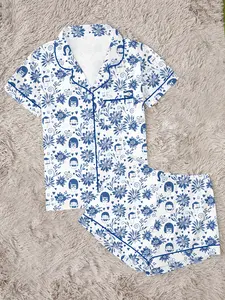 Blue Dobie Print Women's Pajama Set, Comfortable Wear-Home Sleepwear Loungewear Homewear, Short Sleeve Button-Up Top & Elastic Shorts, Casual Home Pjs