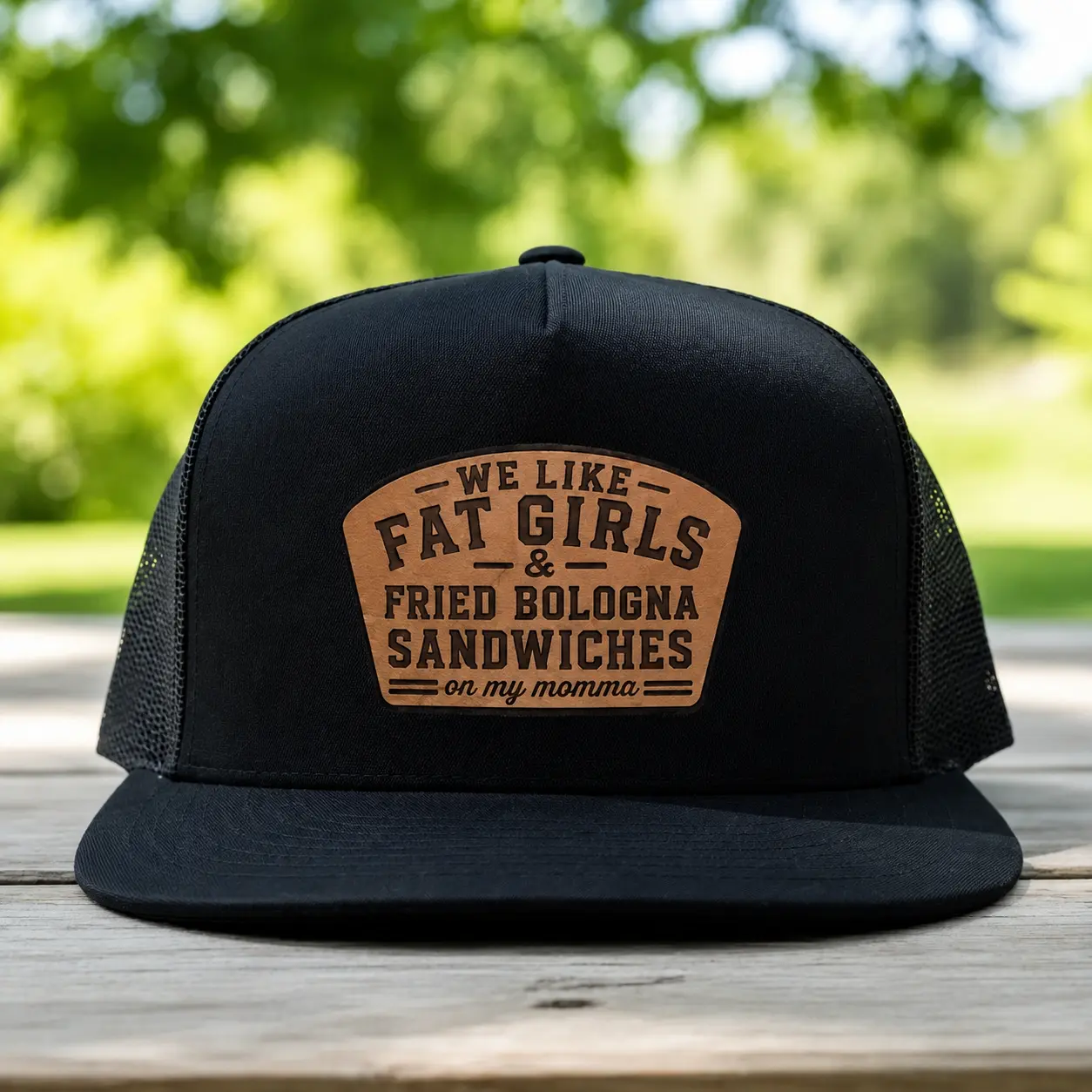 We Like Fat Girl & Fried Bologna Sandwiches on my momma Embroidered Trucker Hat | Funny Camo Snapback Cap | Southern Humor Hat | Gift for Him