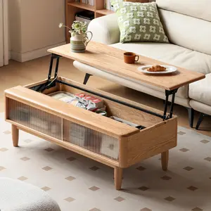 Wayshome Lift Top Coffee Table, 100% Solid Oak Wood Log Color Coffee Table with Glass Sliding Door, Rectangular Coffee Tables with Storage for Living Room Home Decor (47.24" L)