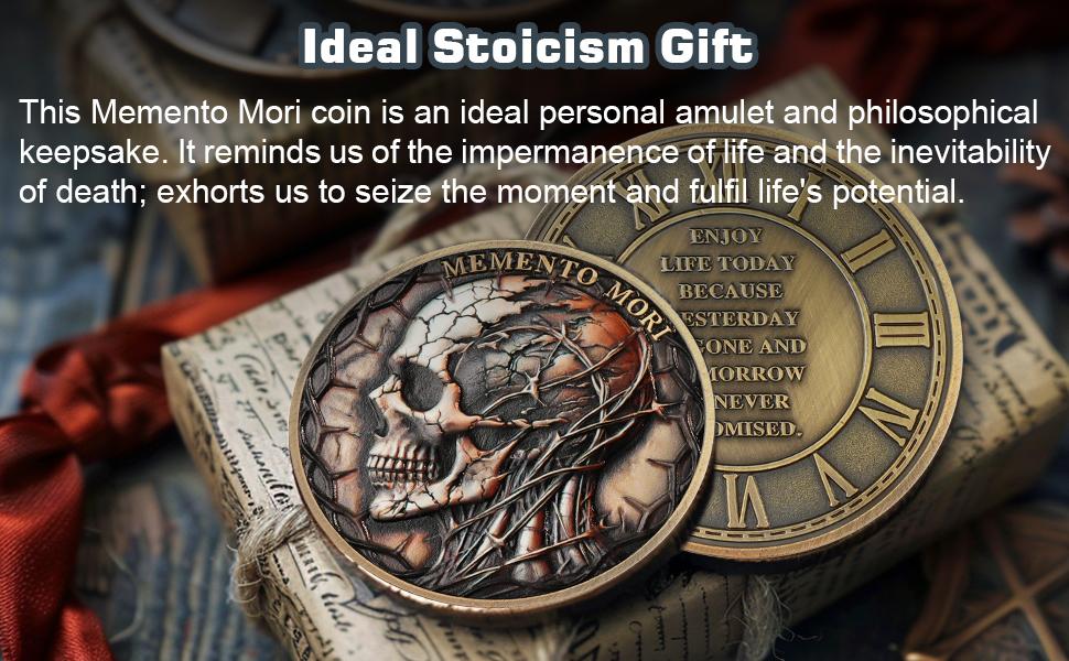 Memento Mori & Vivere Skull Coin - Antique Bronze EDC Challenge Coin with Roman Clock, Stoic Daily Pocket Reminder, Philosophy Gift for Men, Mindfulness Keepsake with Capsule
