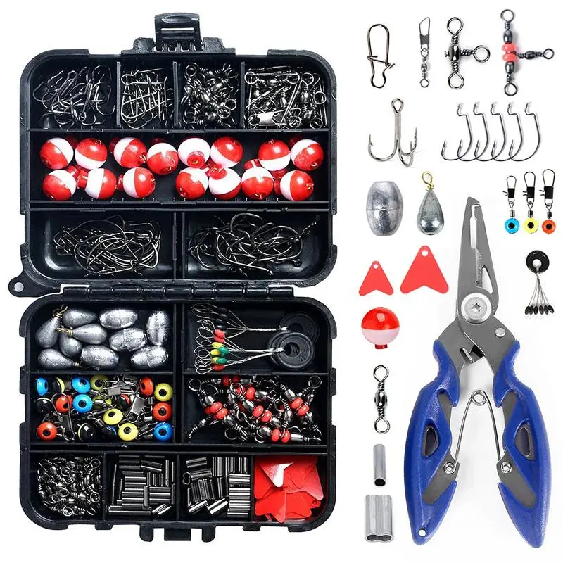 263PCS Outdoor Fishing Accessories Set with Tackle Box Including Plier Jig Hooks Sinker Weight Swivels Snaps Sinker Slides Kit