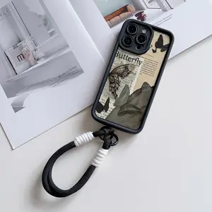 Anti-Drop Soft Case with Hand Strap, Newspaper Butterfly Pattern, Tpu Material, Fits iPhone 11/12/13/14 Pro Max/15 Pro/16 Plus/16 Pro Max