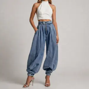 ChicCurve Women's 2-in-1 Adjustable Ankle Denim Pants, Versatile High Waisted Lantern & Wide Leg Jeans, Pleated Baggy Loose Fit Trousers for Curvy Sculpting All Seasons Streetwear