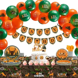 165 Pcs Hunting Birthday Party Decorations Banner Cake Decors Deer Balloons Camo Paper Plates Cups Serves 16 Guests Supplies Tablecloth For