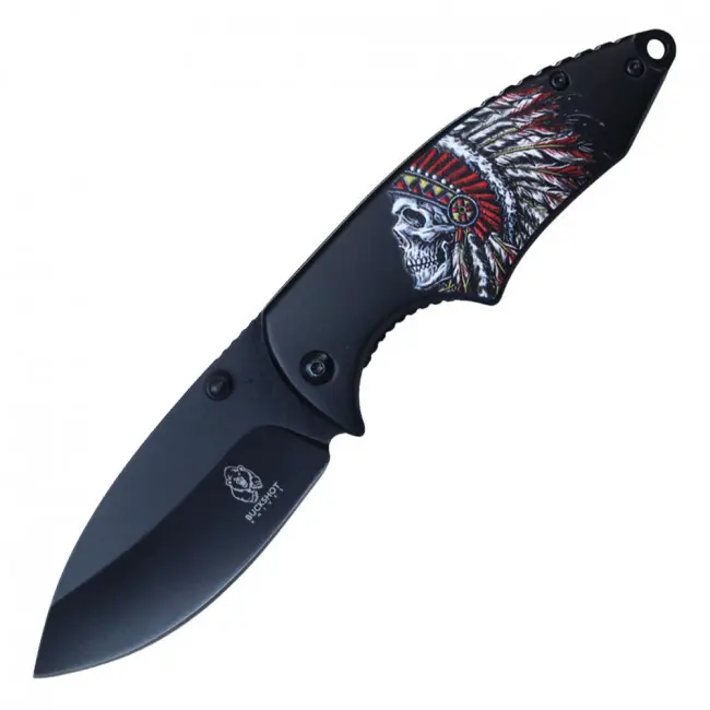 Native American Skull Pocket Knife – Feather Headdress Artwork – Gothic Collectible – Assisted Opening Folder – Dark Fantasy – Biker Gift – Motorcycle – Outdoor