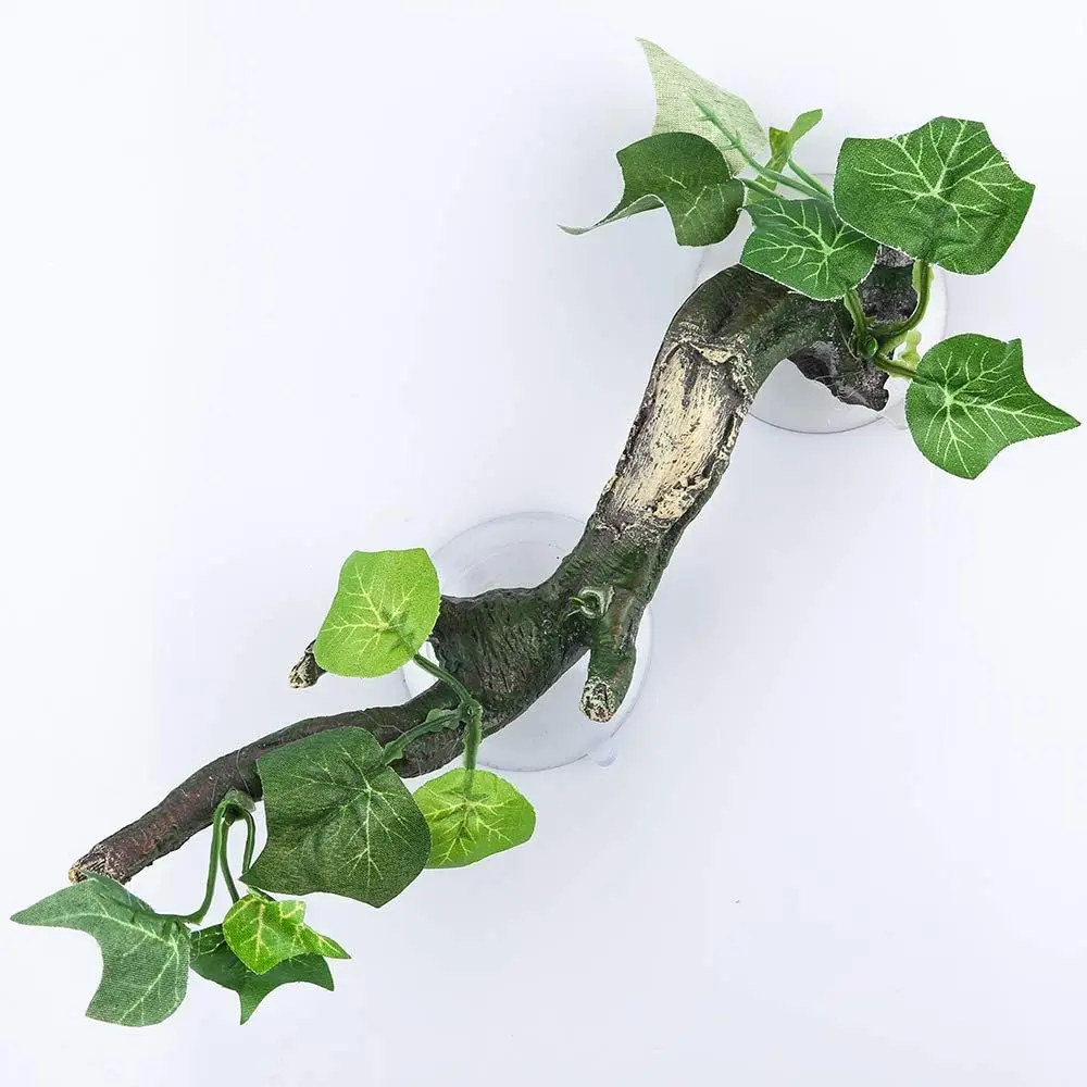Reptile Corner Branch with Suction Cup, Artificial Leafy Plant Decor for Terrariums, Climbing Lizards, Snakes, and Amphibians, Terrarium Decor, Plant Decoration, Terrarium Plant Decoration