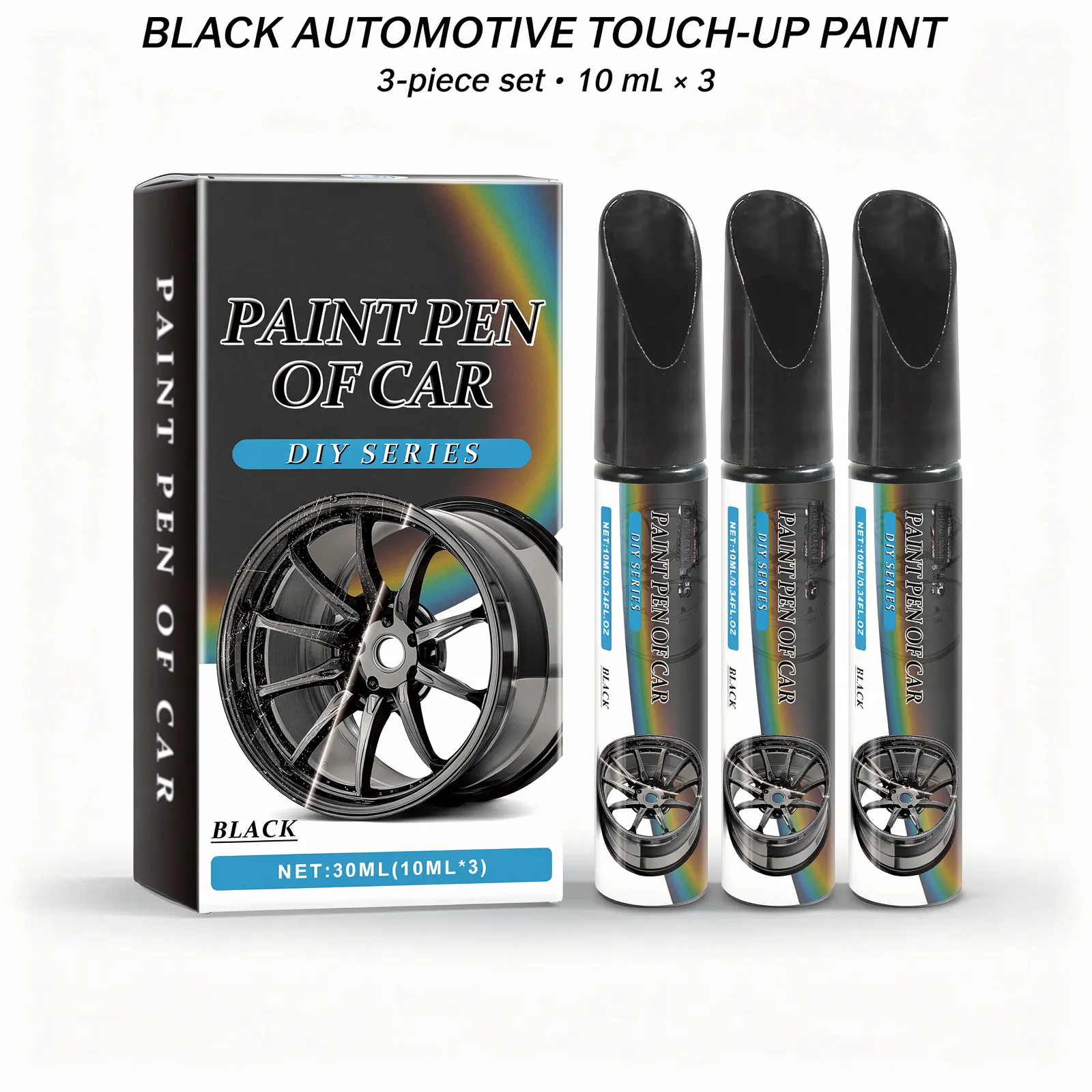 Black Automotive Touch Up Paint Pen, Fix Scuffs, Scratches & Paint Chips on Car Rims, Car Paint Repair Marker for Small Paint Chips & Surface Touch-Ups, DIY Paint Pen, 3-Pack, 10mL Each