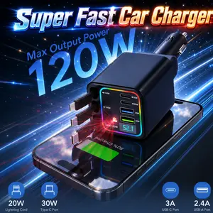 120W ultra-fast car charger, equipped with 3 extendable data cables, capable of fast charging multiple devices simultaneously, featuring LED voltage display and RGB seven-color star atmosphere lights
