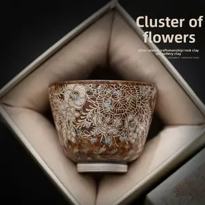 Old Rock Clay Floral Gilt Silver Agarwood Cup Vintage Coarse Pottery Tea Cup Kung Fu Tea Set Tasting Cup Large Master Cup Single Cup