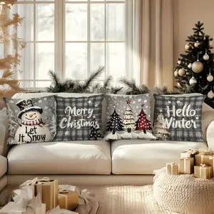 Christmas Cute Snowman Pillow Covers Set of 4, No Filler, Festive Holiday Atmosphere, Bedroom Bedside Cushion, Living Room Sofa