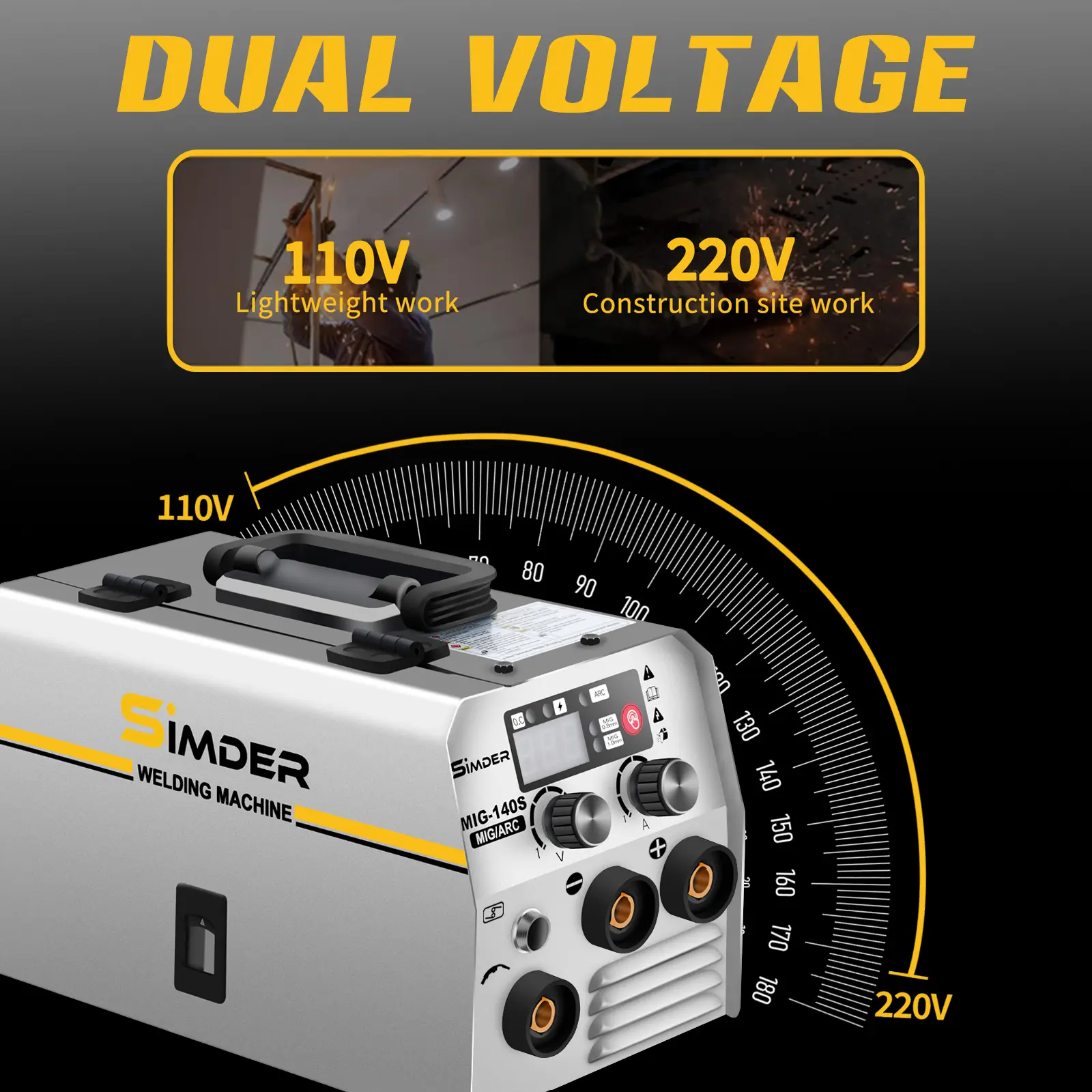 SIMDER Saldatrice MIG/ARC 2 In 1 Senza Gas – 140A DC, Doppia Tensione 110/220V, Inverter IGBT