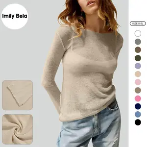 Imily Bela Womens Spring Summer Trendy Boat Neck See Through Shirts Long Sleeve Lightweight Knit Pullover Sweaters Casual Sheer Tops