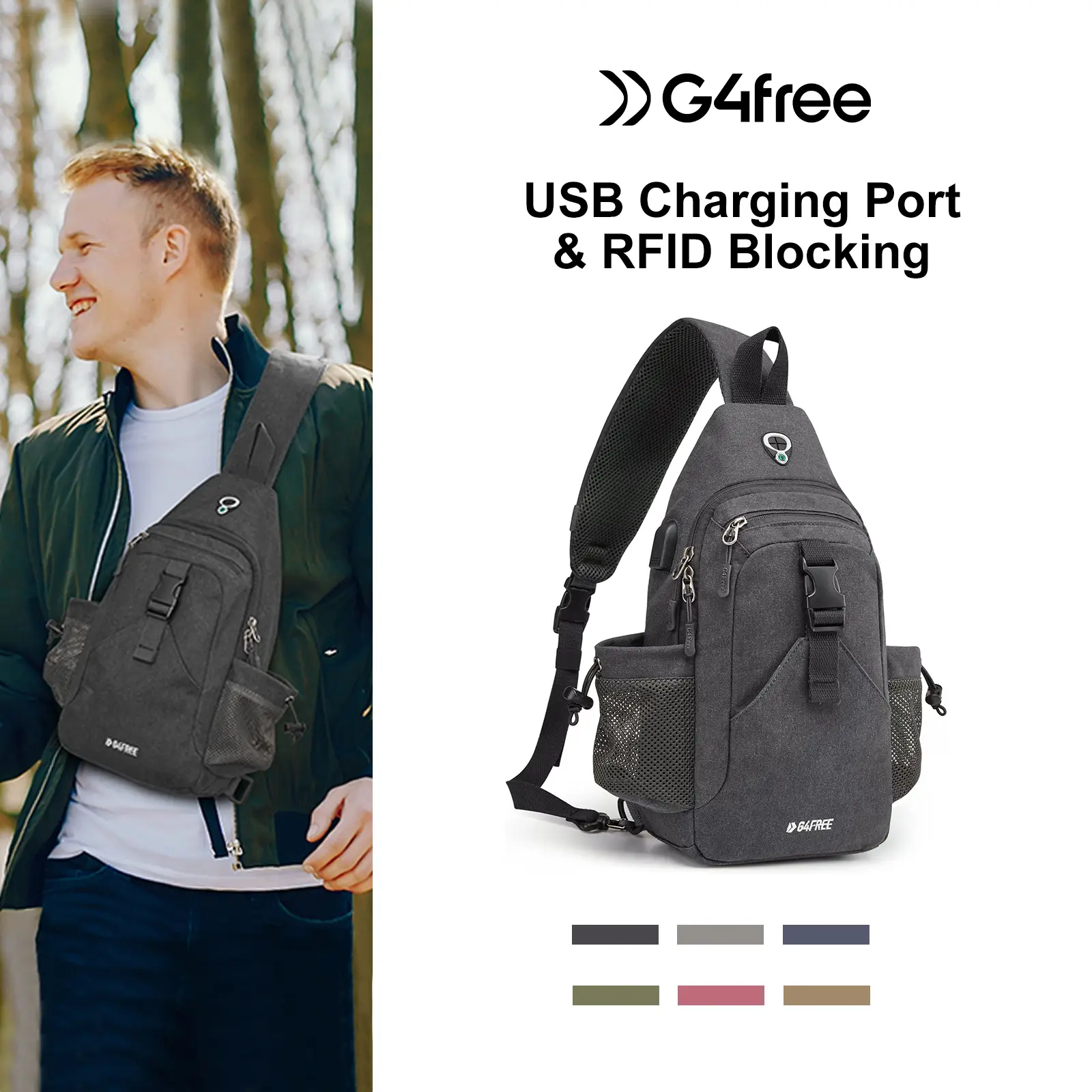 Canvas Sling Bag Crossbody Backpack with USB Charging Port & RFID Blocking, Hiking Daypack Chest Bag for Women Men