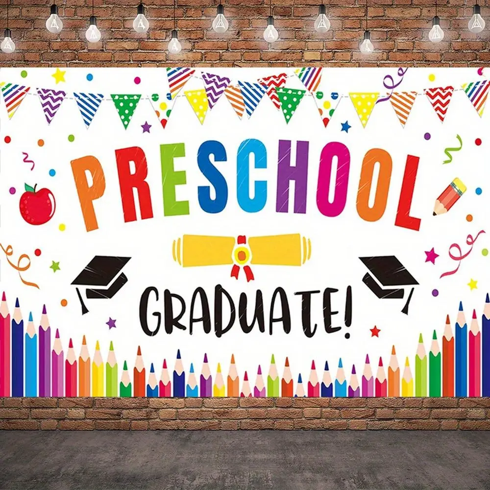 1PC 2D Flat Polyester Reusable Standing Banner - Colorful Pencils & Grad Caps Themed Party Decoration Supplies, Preschool Kids’ Graduation Photo Backdrops & Wall Hanging