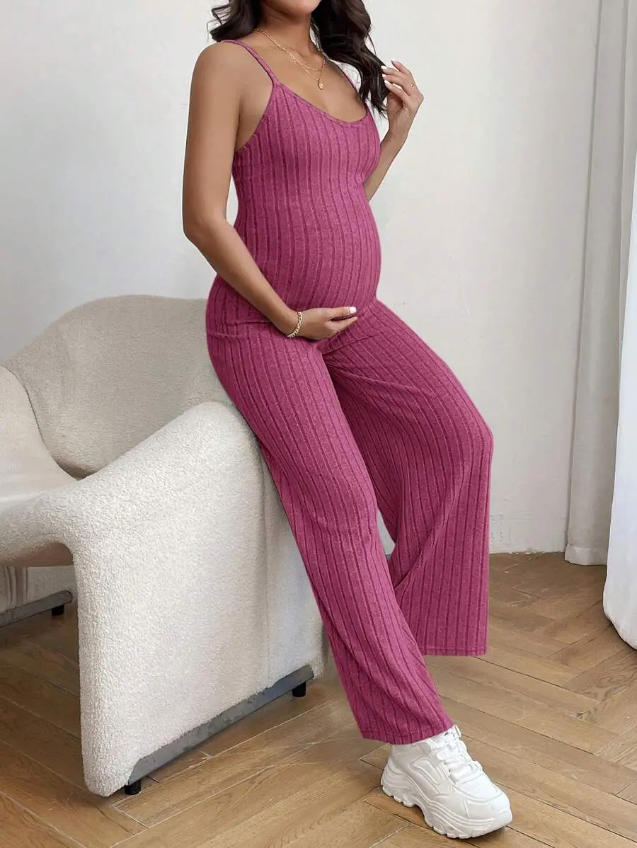 DANLIEN Maternity Casual Solid Color Rib Knit Jumpsuits