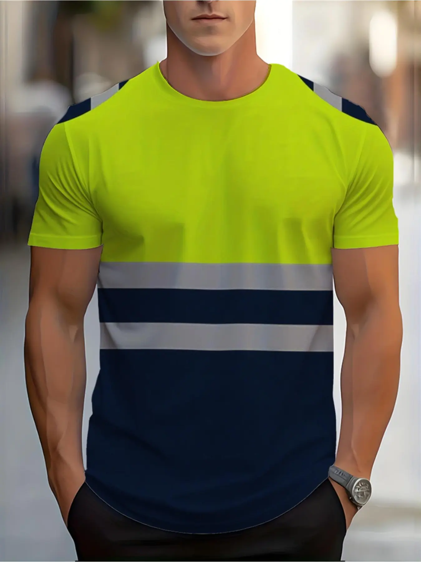 Men's minimalist high-energy reflective vest printed T-shirt, dark blue background, reflective stripe design, round-neck short-sleeved casual Streetwear Menswear T-shirt, suitable for daily wear