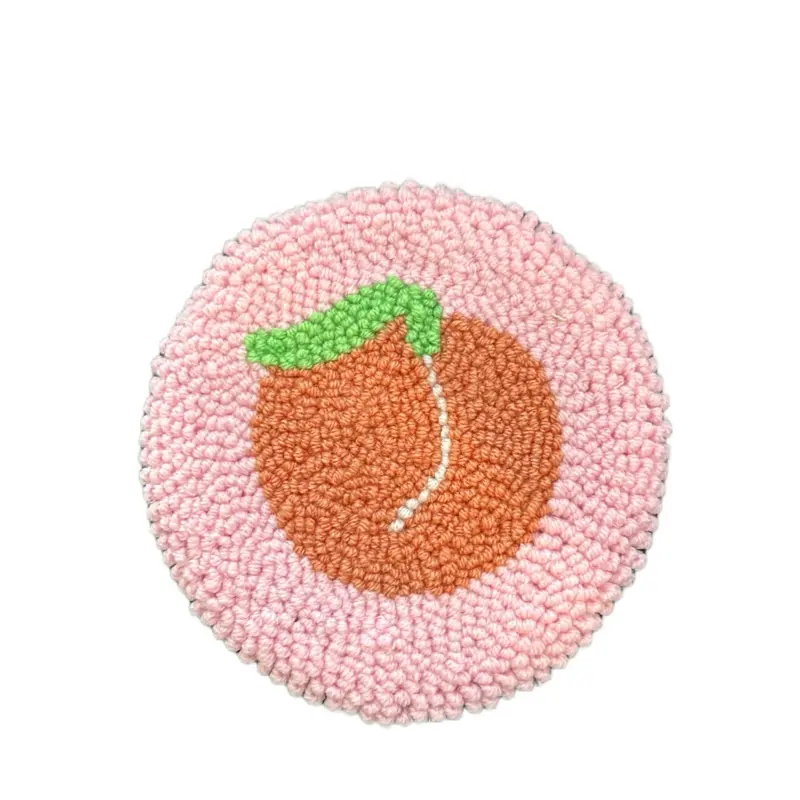 Peach Fruit Design Punch Needle Coaster - Pink Round Coaster with Peach Motif and Green Stem Detail