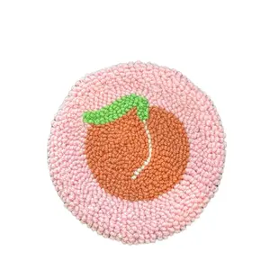 Peach Fruit Design Punch Needle Coaster - Pink Round Coaster with Peach Motif and Green Stem Detail