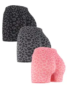 Women's 3pcs Leopard Print High Waist Sports Short Leggings, Summer Clothes Women, Casual Comfy Breathable Seamless Biker Shorts For Yoga Gym Workout Running Cycling, Athletic Wear Shorts, Ladies Summer Sports Shorts