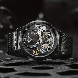 Ailang Men's Luxury Double Tourbillon Skeletonized (Hollowed) Luminous Waterproof Automatic Watch - Non-Battery, Black, Fashion, Gold-Accented Mechanical Wristwatch for Style-Conscious Men, Non-Battery Mechanical Watches, Black Mechanical Watches
