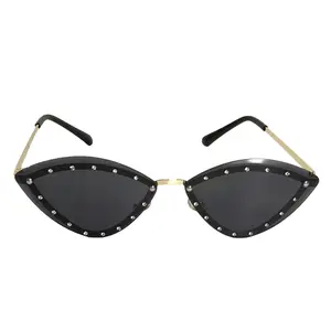 Fashion Culture Women's Metal Frame Sunglasses - Thin Rim, Rhinestone Studs, Angular Cat Eye Design, Grey Lenses, Gold Frame
