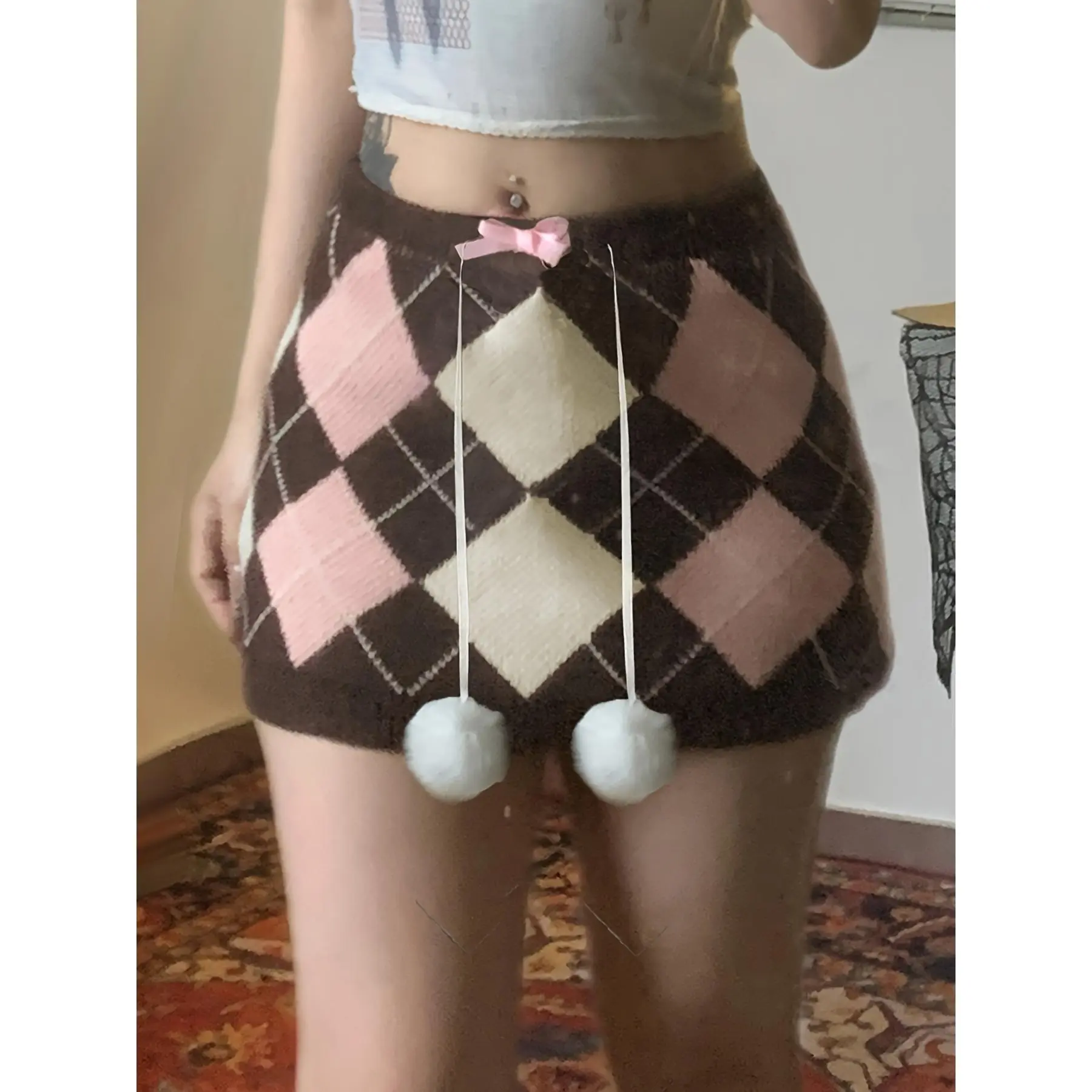 Y2K-Inspired Diamond Pattern Knit Mini Skirt with Bow and Pom-Pom Details, Brown and Pinkish-Beige, Polyester, Machine Washable - Stylish Fall/Winter Women's Fashion, Autumn Fashion Skirt|Argyle Pattern Skirt|No Inner Lining