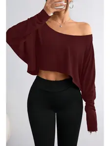 New Solid Color Off The Shoulder Batwing Long Sleeve Loose Crop Top Women