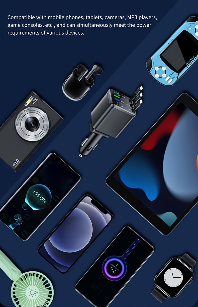 7-in-1 Car Charger — Retractable 3-in-1 Cable (Lightning + Built-in Type-C), PD 66W Fast Charging, and USB Port; Features Smart Chip Protection and Digital Voltage Monitoring; Widely Compatible with iPhone, Samsung, and Huawei Devices.