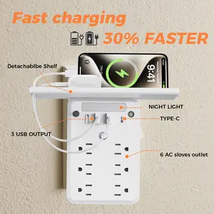 USB Socket Extender Wall Power Strip, Includes 3 USB Ports, 6 Outlets, 1 Type-C Port, 1 Night Light, Space-Saving, US Power Plug, 110-130V, Switch Protection, Suitable for Home, Travel, Office, and Multi-Scene Use, Convenient and Portable