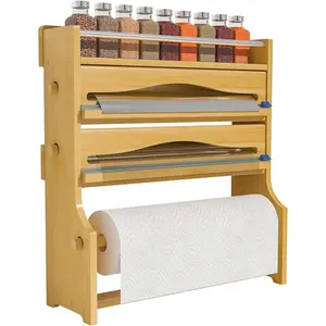 Foil Plastic Wrap Organizer Dispenser - Wall Mounted Paper Towel Holder & Spice Shelf, 4 in 1 Bamboo Kitchen 12" Roll Dispenser