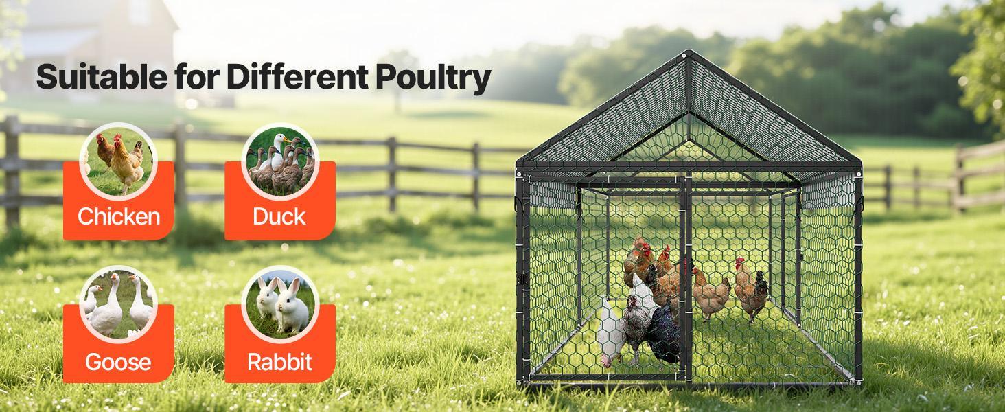 VEVOR Metal Chicken Coop for 4-6 Chickens, 3.3 x 6.6 x 3.3 ft, Small Chicken Cage with Waterproof Cover & Double Doors, Spire Roof Poultry Run Compatible with Wooden Coops, for Rabbit Hen Goose Duck VEVOR Metal Chicken Coop for 4-6 Chickens, 3.3 x 6.6 x 3.3 ft, Small Chicken Cage with Waterproof Cover & Double Doors, Spire Roof Poultry Run Compatible with Wooden Coops, for Rabbit Hen Goose Duck
