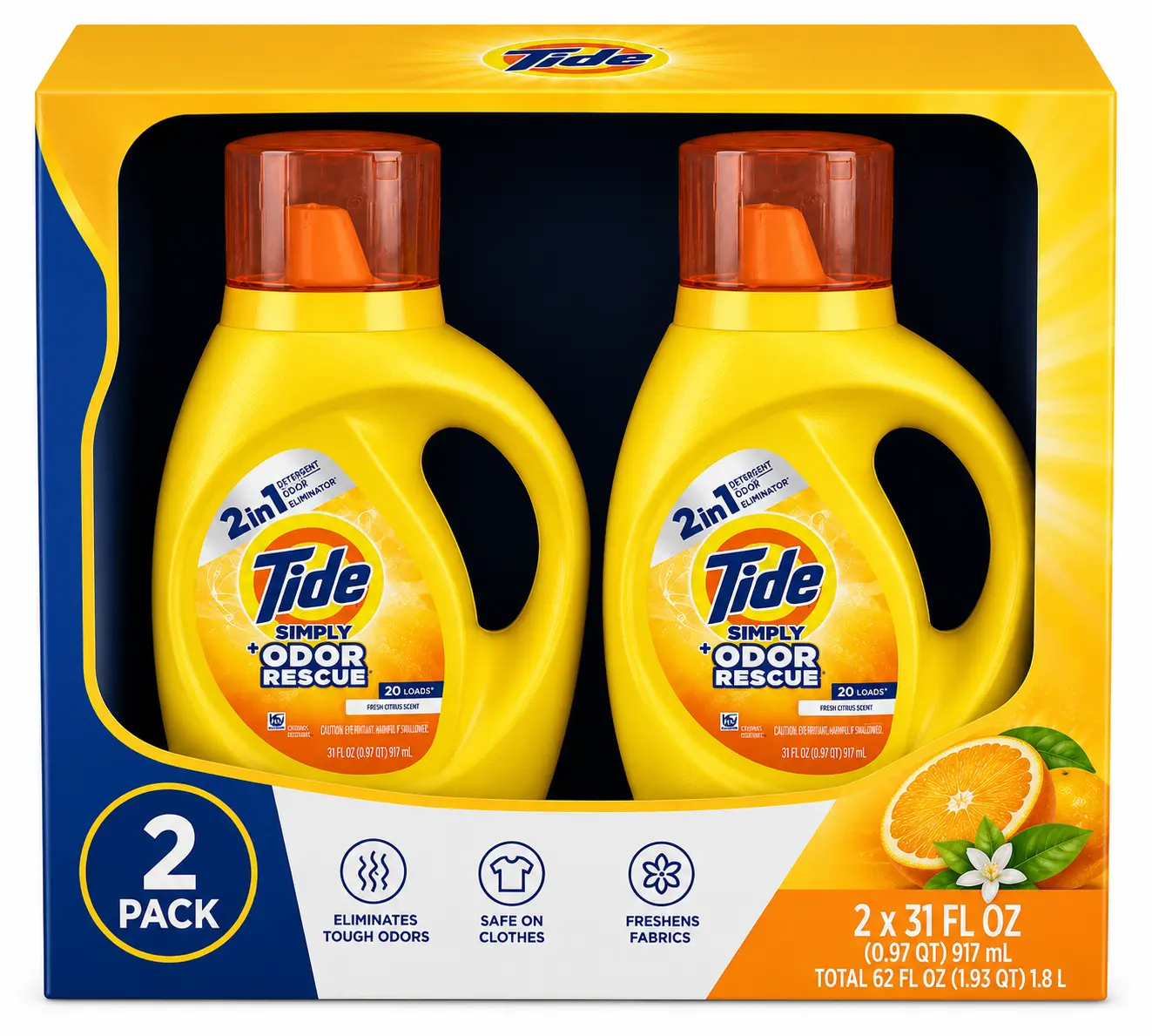 Tide Simply + Odor Rescue Liquid Laundry Detergent, Fresh Citrus Scent, 2 Pack (2 x 31 fl oz / 917 mL) – 62 fl oz Total