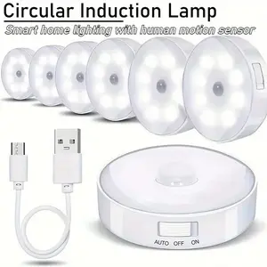 3/6pcs USB Round Motion Sensor Lights with Adjustable Brightness, Touch Control & Wall-Mountable Design - Rechargeable Battery-Powered Lighting for Toilets, Cabinets, Stairs, Corridors, Office Spaces