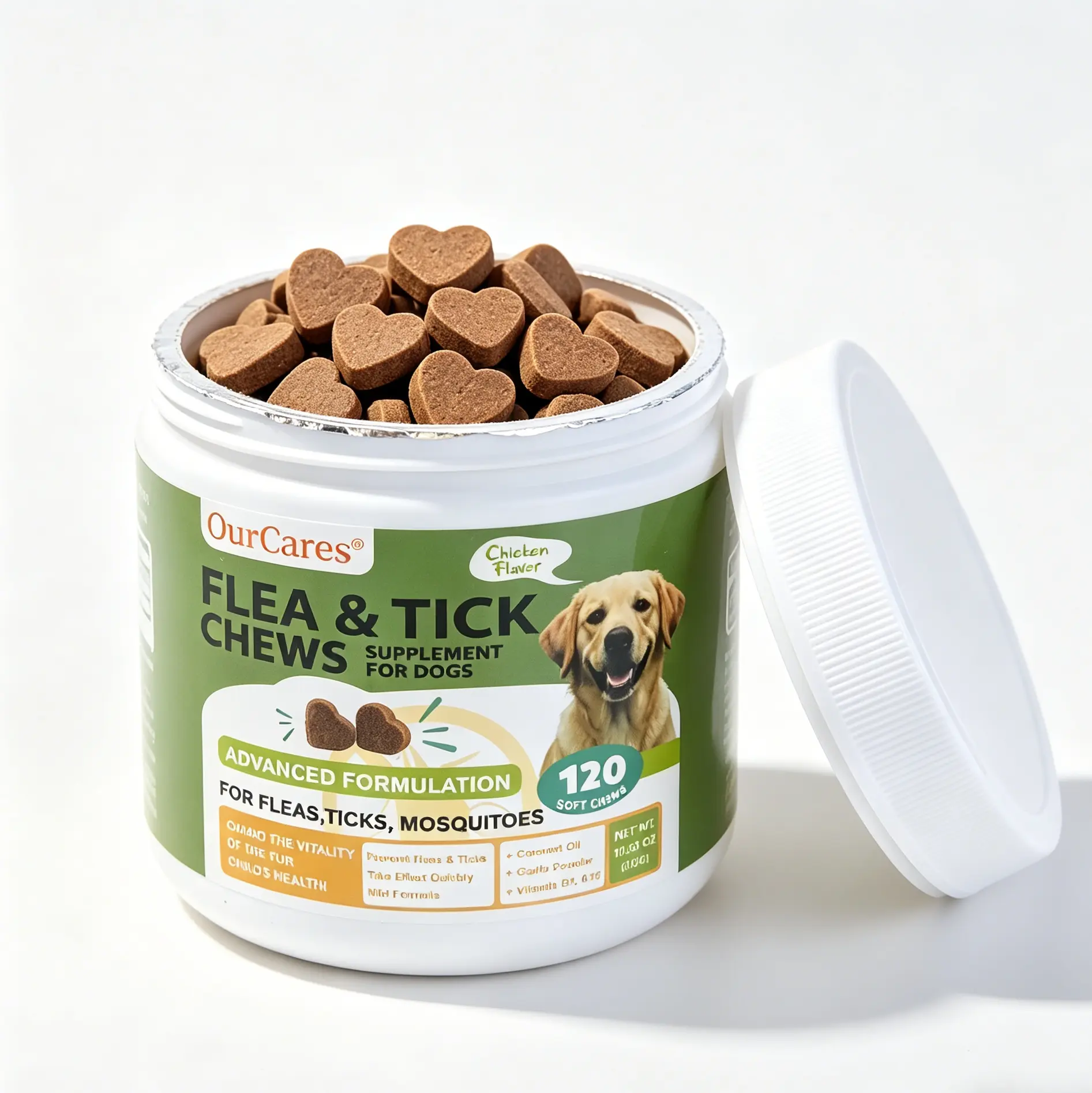 Flea Tick Soft Chews Supplement for Dogs, Chicken Flavor, 120 Count, Natural Ingredients for Flea, Tick & Mosquito Support &OurCares