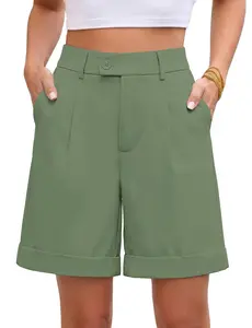 luvamia High Waisted Shorts for Women Dressy Casual Pleated Wide Leg Midi Baggy Work Shorts Rolled Hem with Pockets