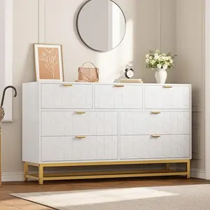 Dresser for Bedroom, 53.5" Wide Dresser Organizer, 7 Drawer with Golden Metal Handle and Legs, Hallway, Living Room, Entryway, White