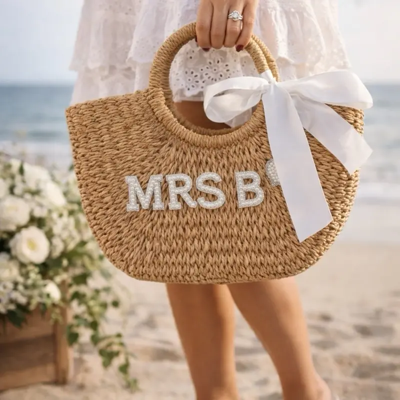 Taniri Personalized Bohemian Straw Tote Bag for Bride with Pearl Letter Print, Casual Handheld Purse for Honeymoon & Bridal Shower Gift, Casual Trendy Purses, Handheld Bag Purse