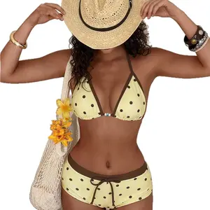 Polka Dot Bikini Set with Boyshorts for Women Triangle Halter Top Two Piece Swimsuit Vintage Retro Bathing Suit Push Up High Elastic Swimwear