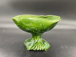 Mid Century Pedestal Planter Emerald Green with Turquoise Drips MCM USA Pottery Vintage