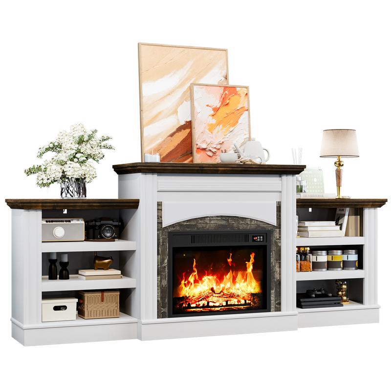 72‘’ Electric Fireplace with Mantel, Fireplace TV Stand for TVs Up to 80 Inch, Modern White Entertainment Center with Storage, with 23'' Fireplace Insert Heater for Living Room, Bedroom