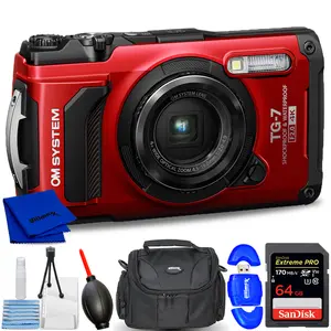 OM SYSTEM Tough TG-7 Digital Camera (Red) - 6 Piece bundle, 64 GB SD card, Camera case, Blower, SD card reader , Microfiber cleaning cloth ,starter cleaning kit