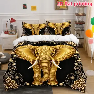 2D Flat 3Pcs Golden Mandala Elephant Duvet Cover - Luxurious Black & Gold Animal Pattern, Elegant Floral Bohemian Bedding (1 + 2 Pillowcases, Without Filler) Suitable for Bedroom and Dormitory Room Home Decoration.