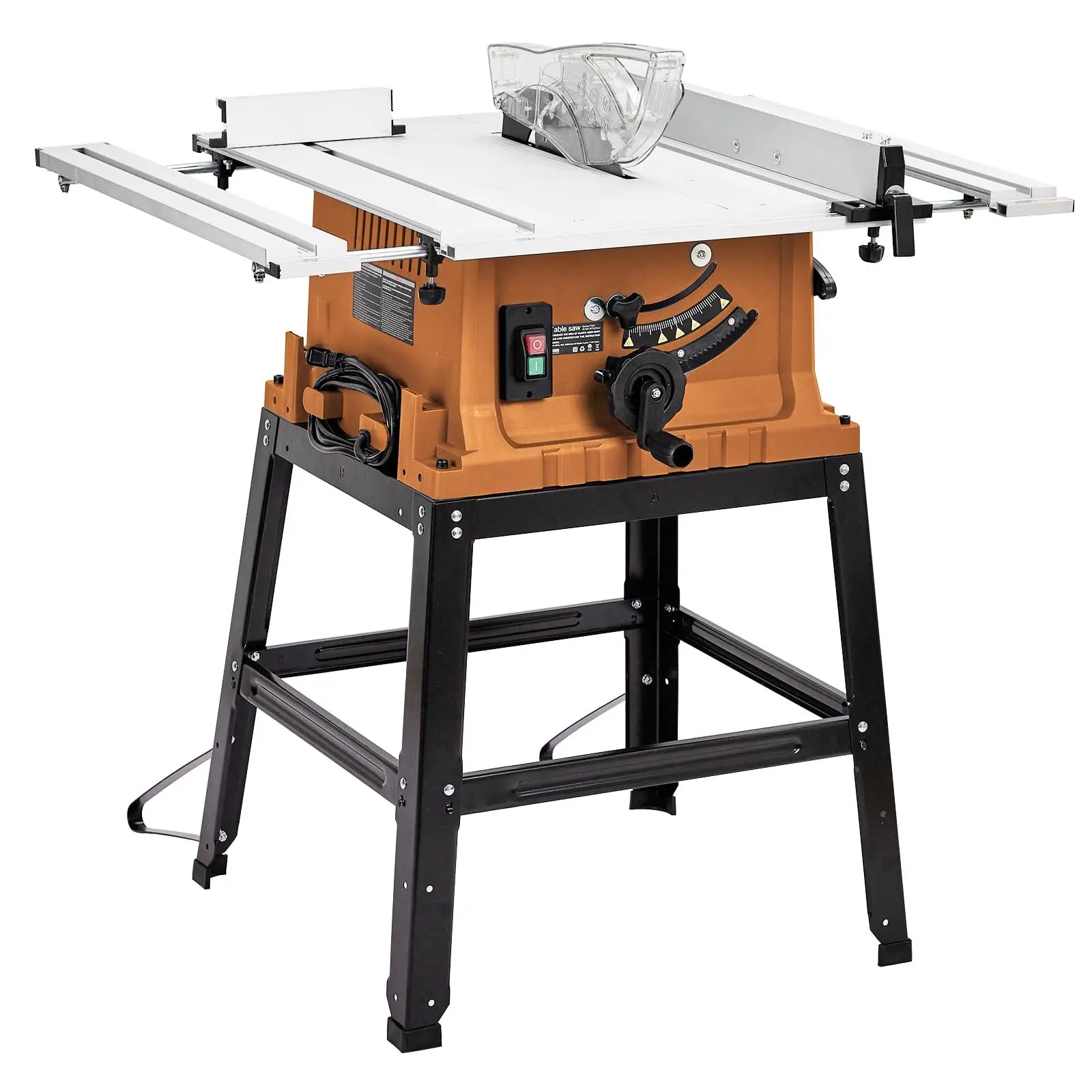 10-Inch Table Saw with High-Quality 15A Motor, Sturdy Stand, Manual Dust Collector, Push Stick, Blade Guard, 24-Tooth Cutting Tool, 90° Cross Cut, 0-45° Bevel Cut, Adjustable Height, 5000 RPM for Woodworking