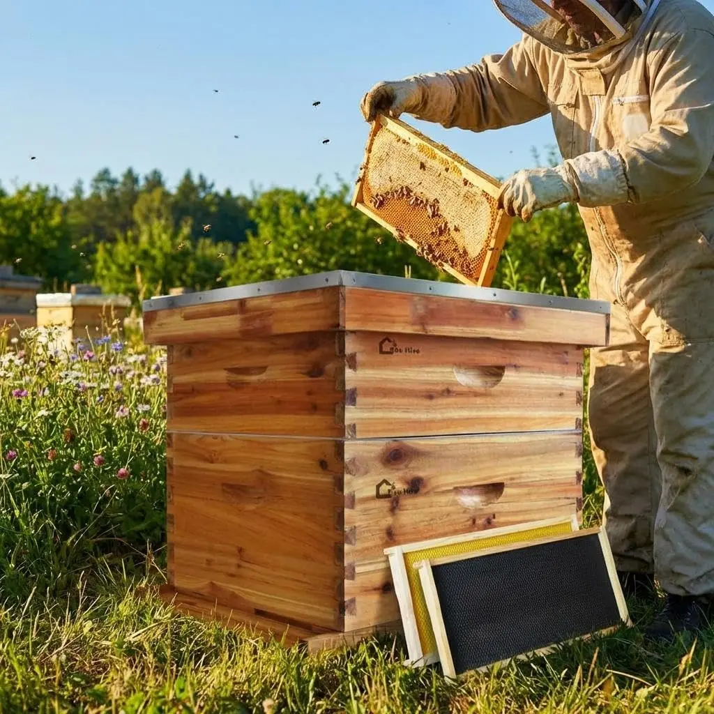 10-Frame Langstroth Beehive Kit for Beekeeping - Beeswax-Coated Weatherproof Cedar Wood, 1 Deep+Medium Dovetail Joint Boxes, 20 Frames, Metal Roof, Bottom Board, Easy Assembly (No Window), 50x41cm Swarm-Attracting Beekeeping Furniture, Rectangular