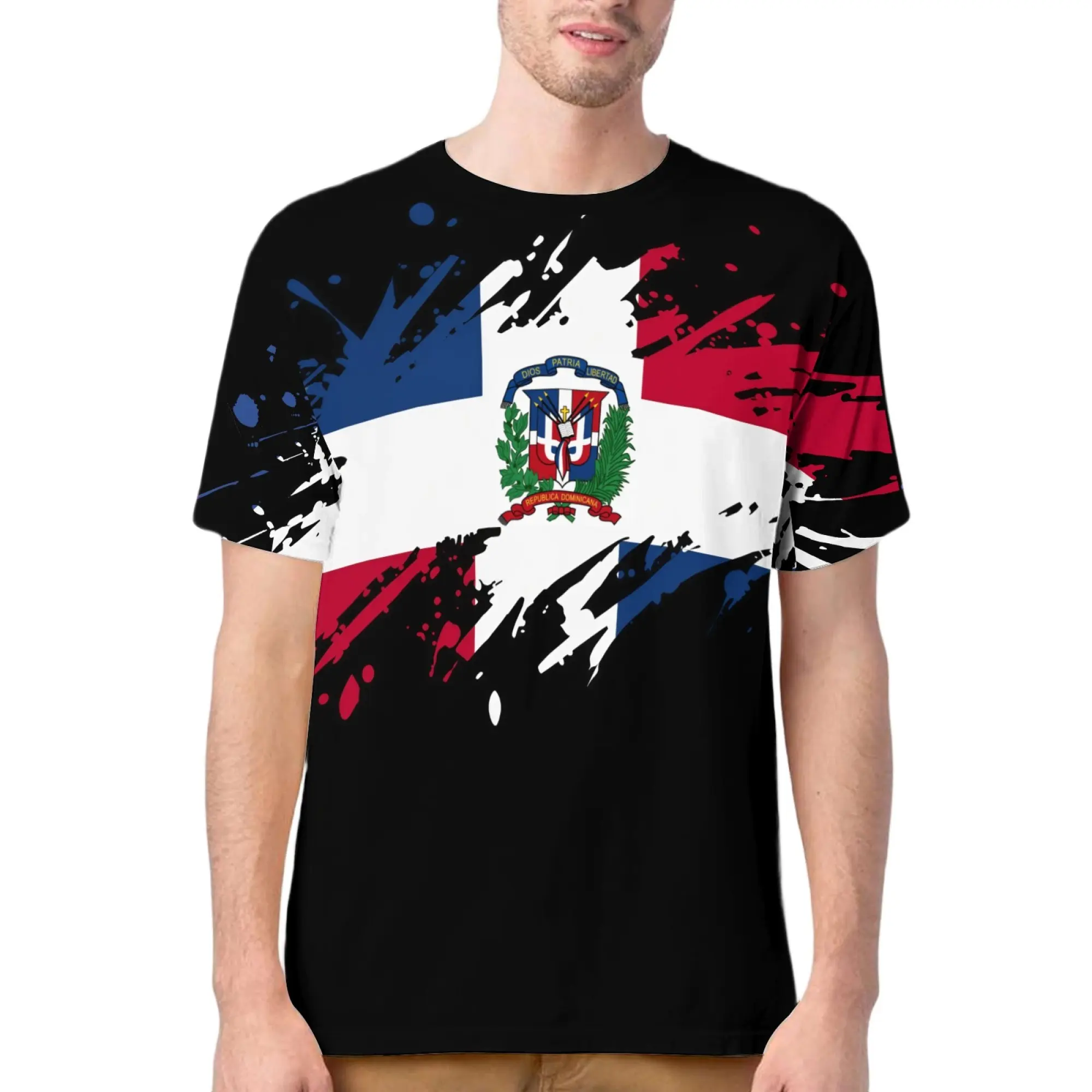 Men's Dominican Flag Cultural Pattern T-Shirt, with Blue Graffiti Design, Lightweight Breathable Streetwear Casual Fitted Round Neck Summer Short Sleeve Tee, Casual Streetwear Top