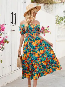 Women's Floral Print Tie Shoulder Cami Dress, Boho Sleeveless A Line Dress for Beach Holiday Vacation, Ladies Summer Clothes
