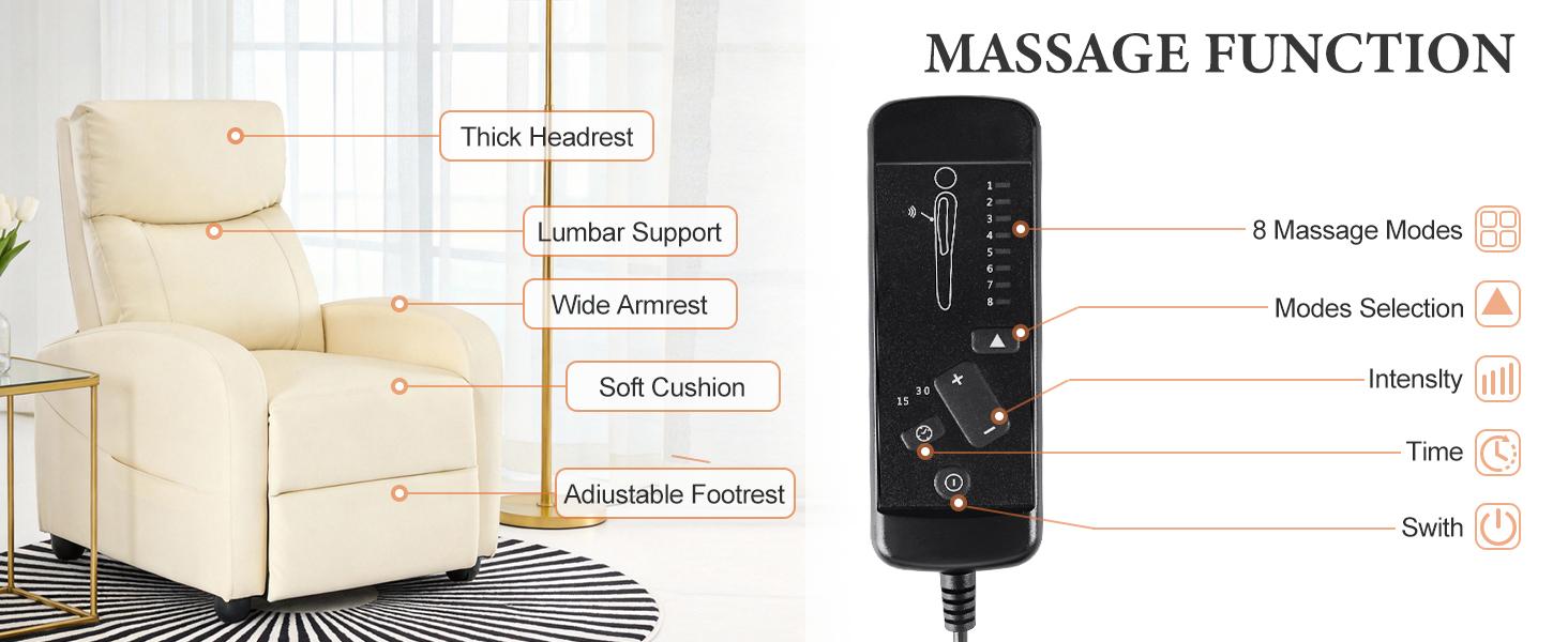 Massage Recliner Chair for Living Room, PU Leather Single Sofa with Lumbar Vibration Massage, Adjustable 90°-160° Ergonomic Home Theater Recliner with Side Pocket, 275 LBS Capacity Massage Recliner Chair for Living Room, PU Leather Single Sofa with Lumbar Vibration Massage, Adjustable 90°-160° Ergonomic Home Theater Recliner with Side Pocket, 275 LBS Capacity