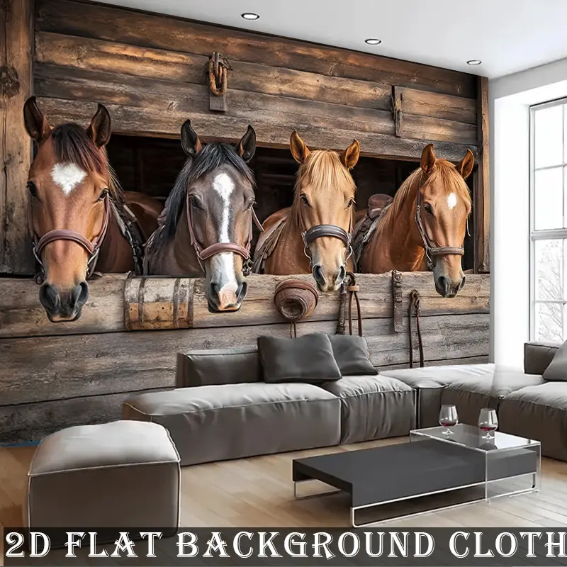 Horse Theme 4-Horse Stable Print Wall Hanging Tapestry - Lightweight Soft Polyester Wall Mural, Home Decor Backdrop for Wedding, Entryway, Tapestry Wall Mural