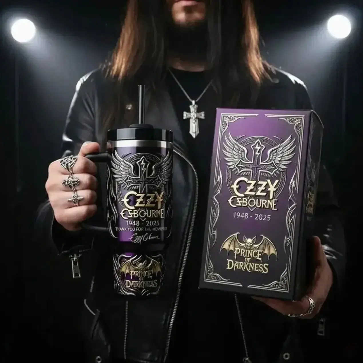 Ozzy Osbourne 1948–2025 Prince of Darkness 40oz Tumbler With Handle, Premium Vacuum Insulated Stainless Steel Travel Mug, Tribute Collector's Edition Gift